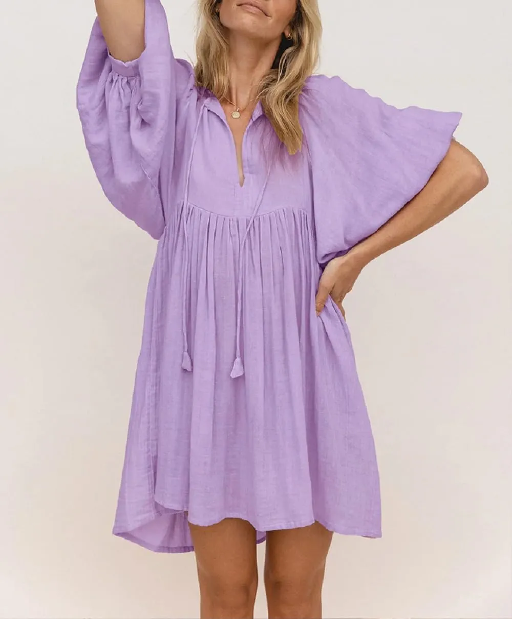 Women Boho Puff Sleeve Short Dress Floral Flowy Babydoll Dress V Neck Loose Fit A Line Dress Bohemian Mini Sundress
