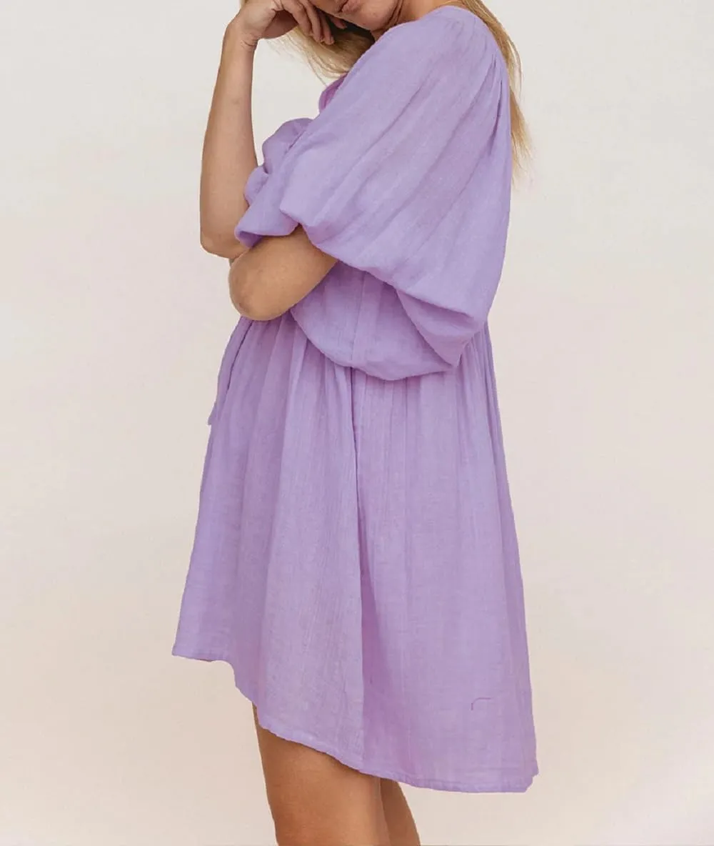 Women Boho Puff Sleeve Short Dress Floral Flowy Babydoll Dress V Neck Loose Fit A Line Dress Bohemian Mini Sundress