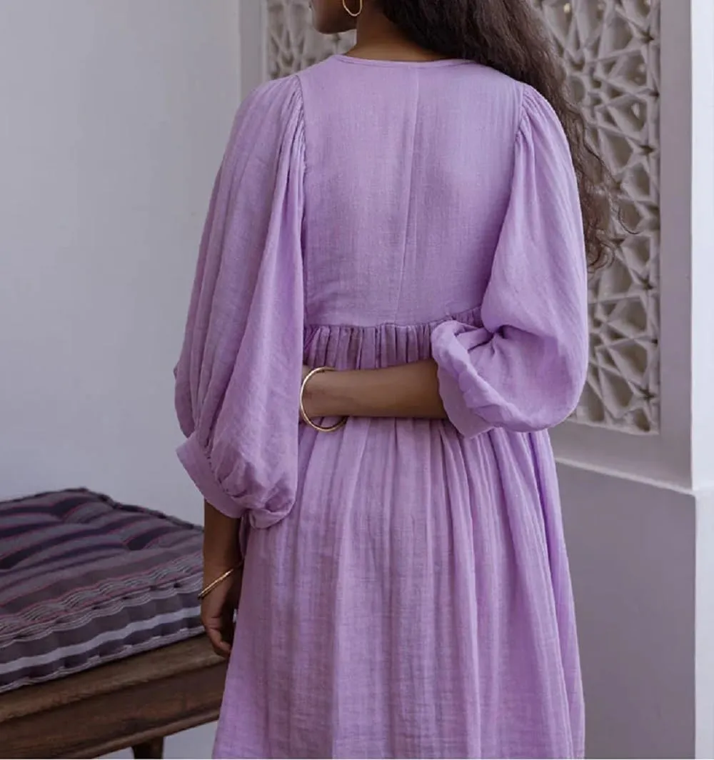 Women Boho Puff Sleeve Short Dress Floral Flowy Babydoll Dress V Neck Loose Fit A Line Dress Bohemian Mini Sundress