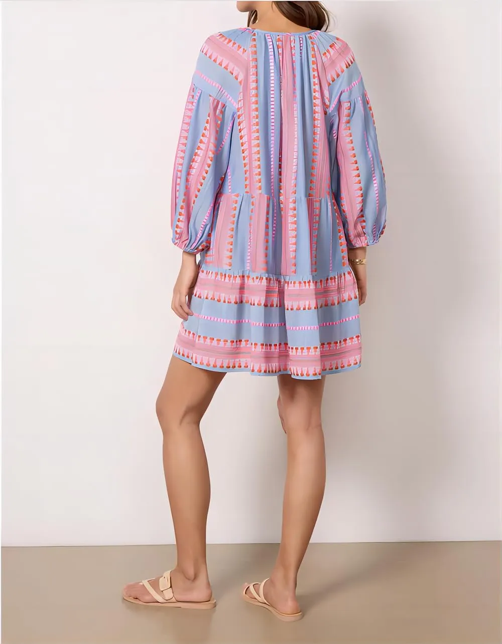 Women Boho Puff Sleeve Short Dress Floral V Neck Babydoll Dress Flowy Loose Fit Shirt Dress Bohemian Mini Sundress
