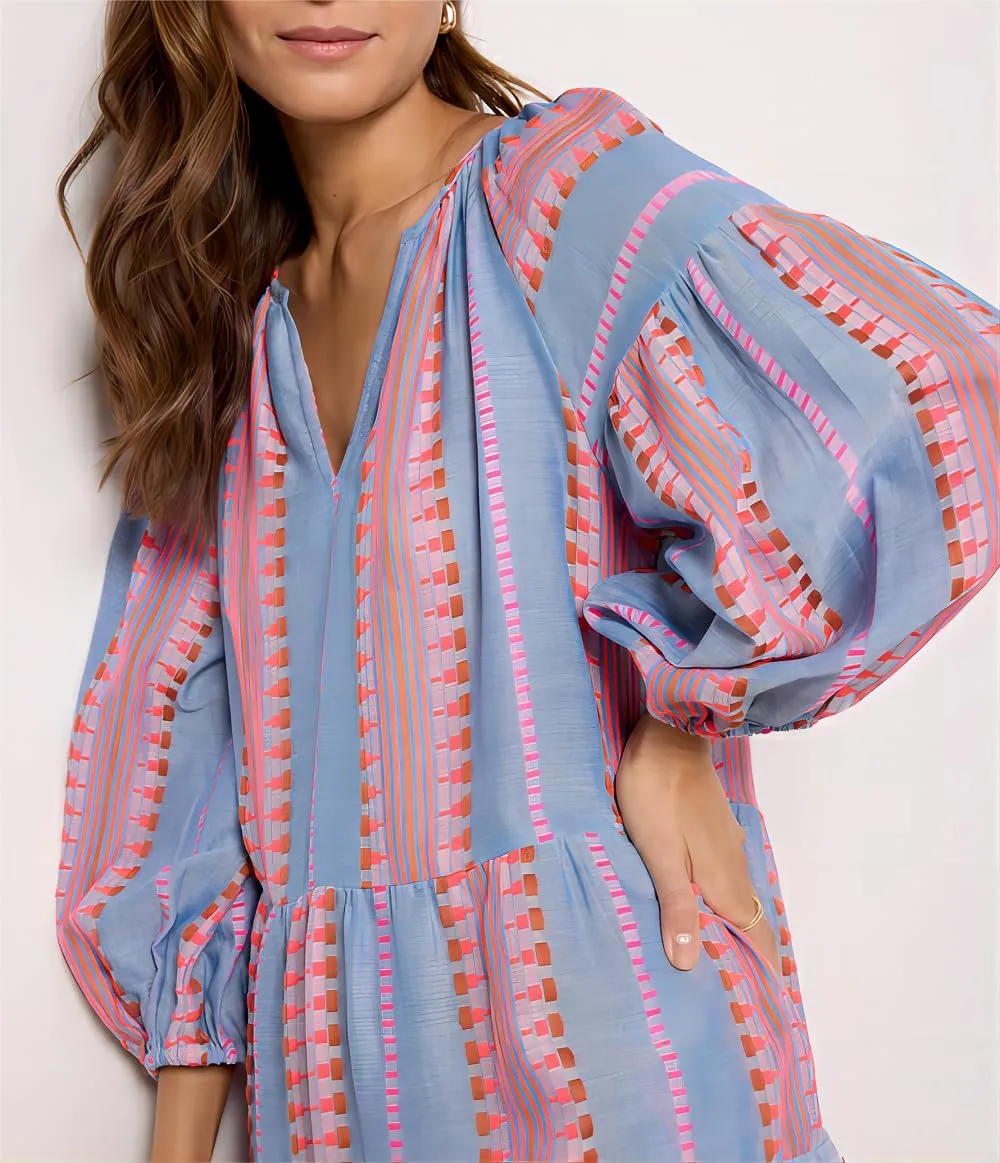 Women Boho Puff Sleeve Short Dress Floral V Neck Babydoll Dress Flowy Loose Fit Shirt Dress Bohemian Mini Sundress