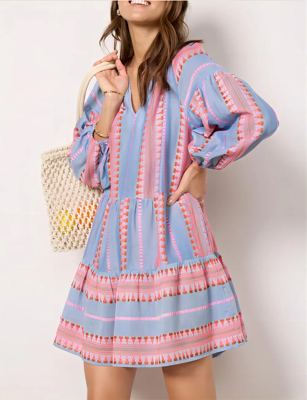 Women Boho Puff Sleeve Short Dress Floral V Neck Babydoll Dress Flowy Loose Fit Shirt Dress Bohemian Mini Sundress