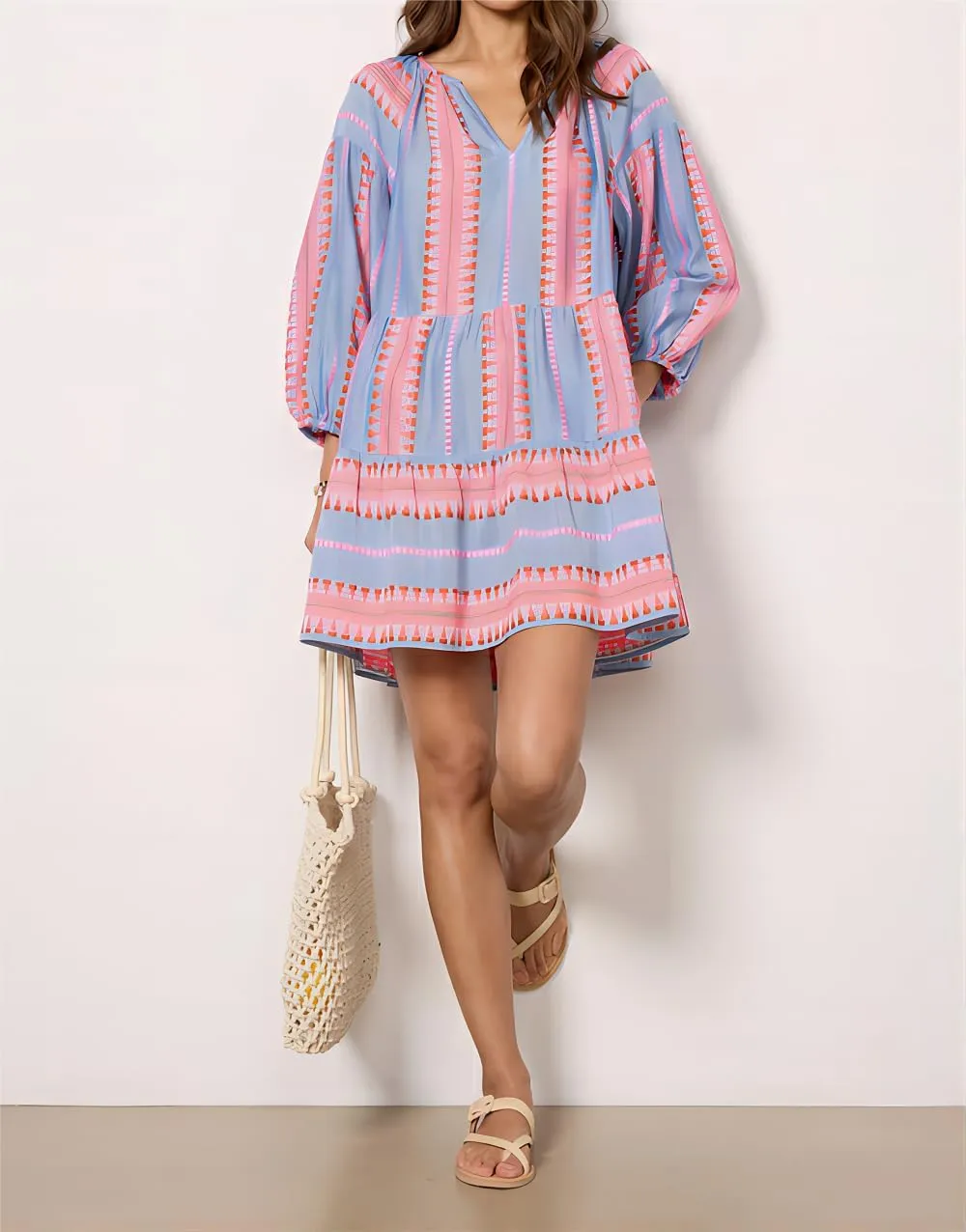 Women Boho Puff Sleeve Short Dress Floral V Neck Babydoll Dress Flowy Loose Fit Shirt Dress Bohemian Mini Sundress