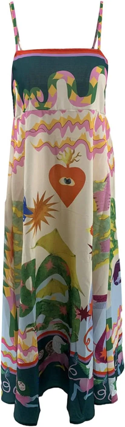 Women Cami Maxi Dress Cute Print Loose Sleeveless Spaghetti Strap Boho Long Dress Flowy Graffiti Beach A Line Sundress