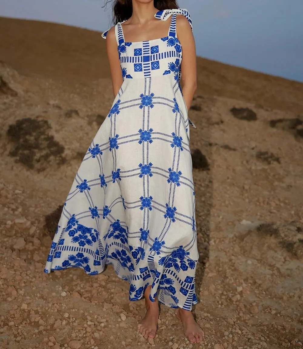 Women Floral Tie Shoulder Maxi Dress Boho Flowy Tiered Sundress Square Neck Sleeveless Long Dress Beach Dress