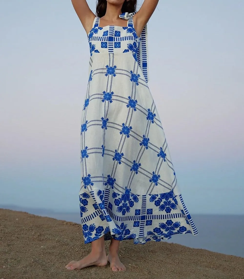 Women Floral Tie Shoulder Maxi Dress Boho Flowy Tiered Sundress Square Neck Sleeveless Long Dress Beach Dress