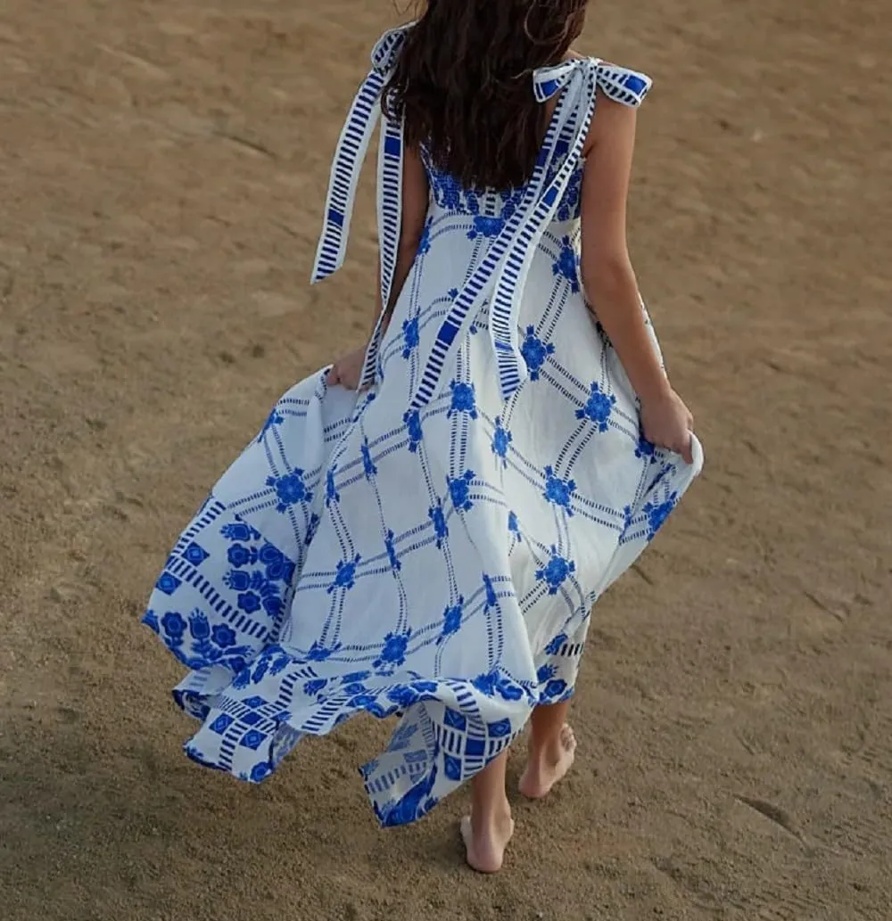 Women Floral Tie Shoulder Maxi Dress Boho Flowy Tiered Sundress Square Neck Sleeveless Long Dress Beach Dress