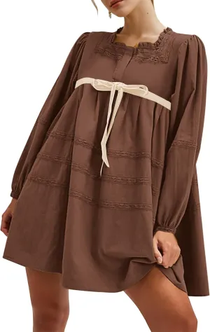 Women Flowy Long Puff Sleeve Mini Dress Casual Square Neck Lace Embroidered Babydoll Dress Bow Tie A-line Tunic Dress
