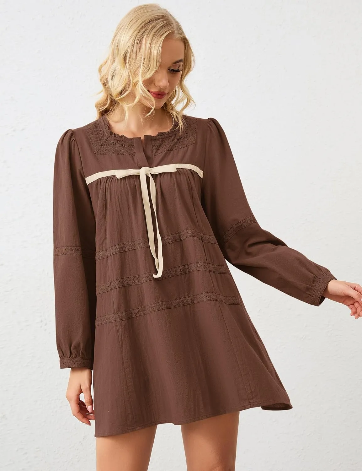 Women Flowy Long Puff Sleeve Mini Dress Casual Square Neck Lace Embroidered Babydoll Dress Bow Tie A-line Tunic Dress