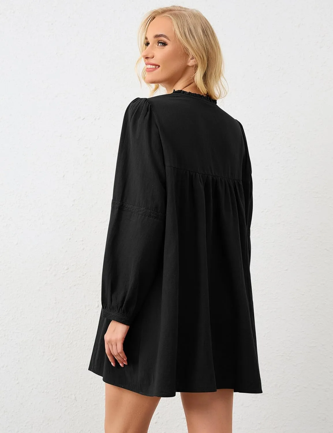 Women Flowy Long Puff Sleeve Mini Dress Casual Square Neck Lace Embroidered Babydoll Dress Bow Tie A-line Tunic Dress