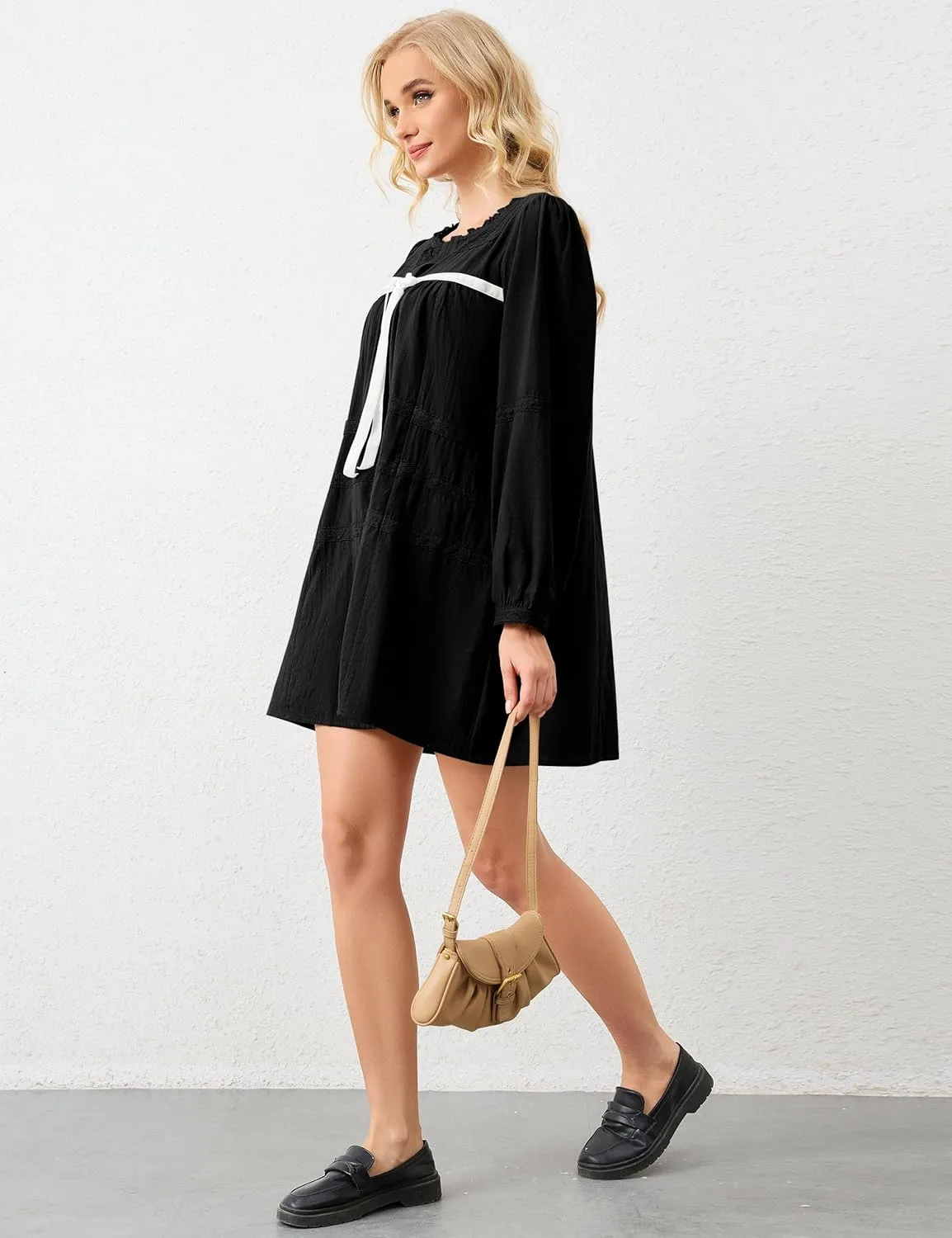 Women Flowy Long Puff Sleeve Mini Dress Casual Square Neck Lace Embroidered Babydoll Dress Bow Tie A-line Tunic Dress