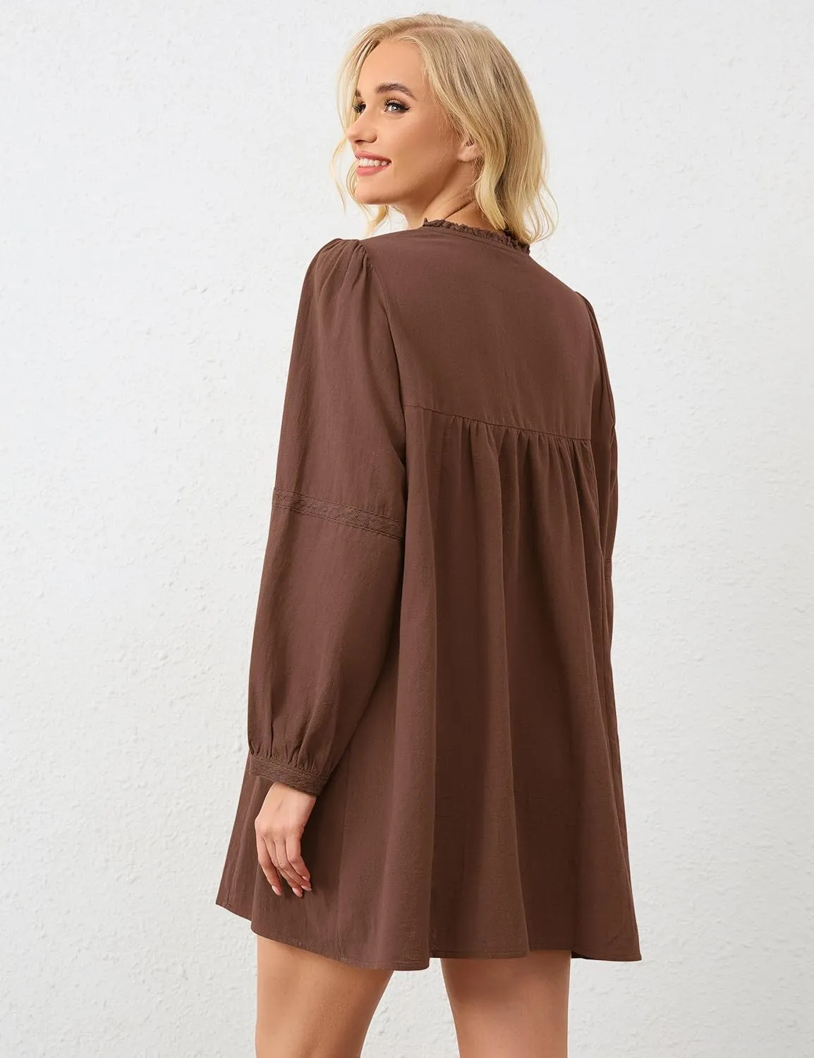 Women Flowy Long Puff Sleeve Mini Dress Casual Square Neck Lace Embroidered Babydoll Dress Bow Tie A-line Tunic Dress