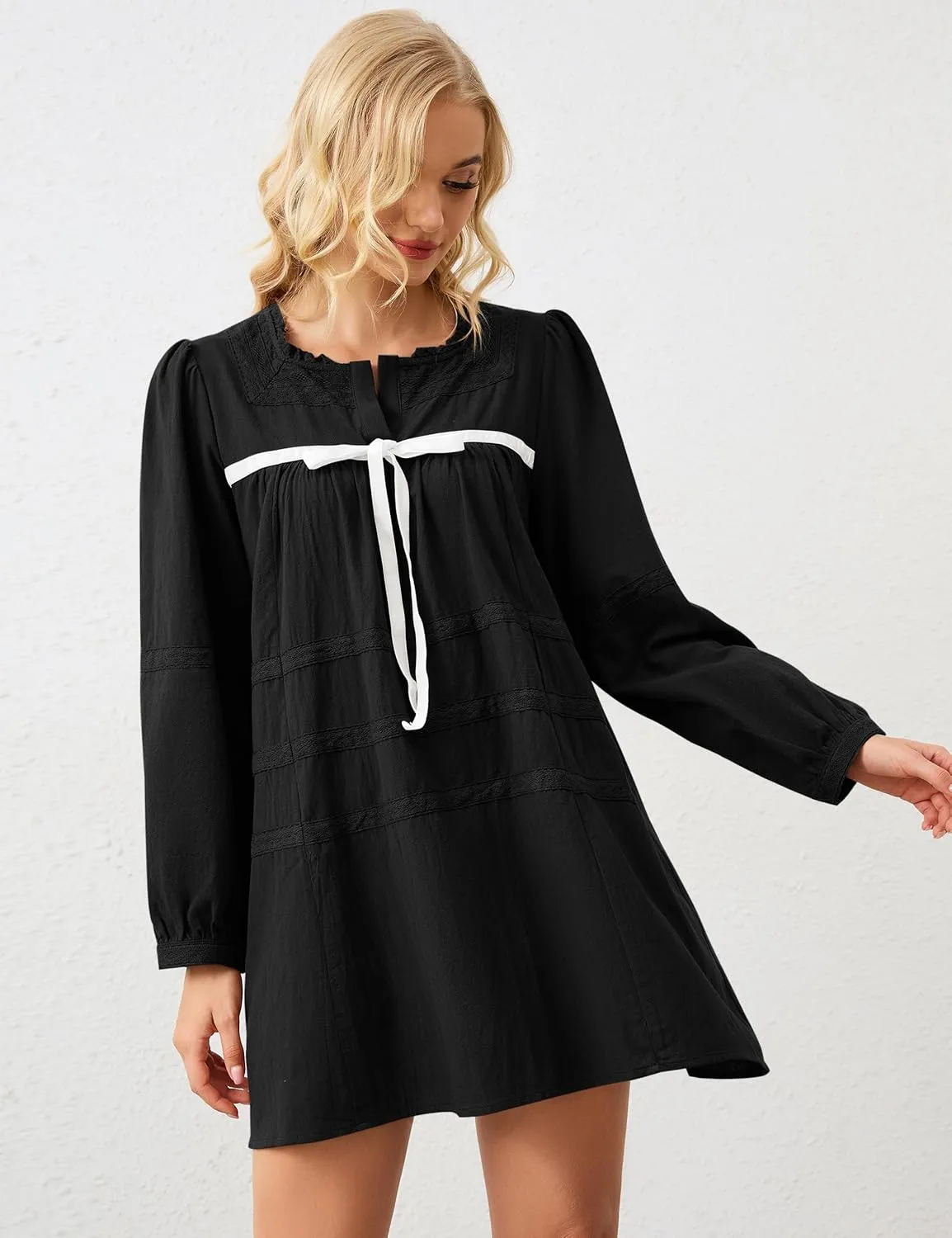 Women Flowy Long Puff Sleeve Mini Dress Casual Square Neck Lace Embroidered Babydoll Dress Bow Tie A-line Tunic Dress