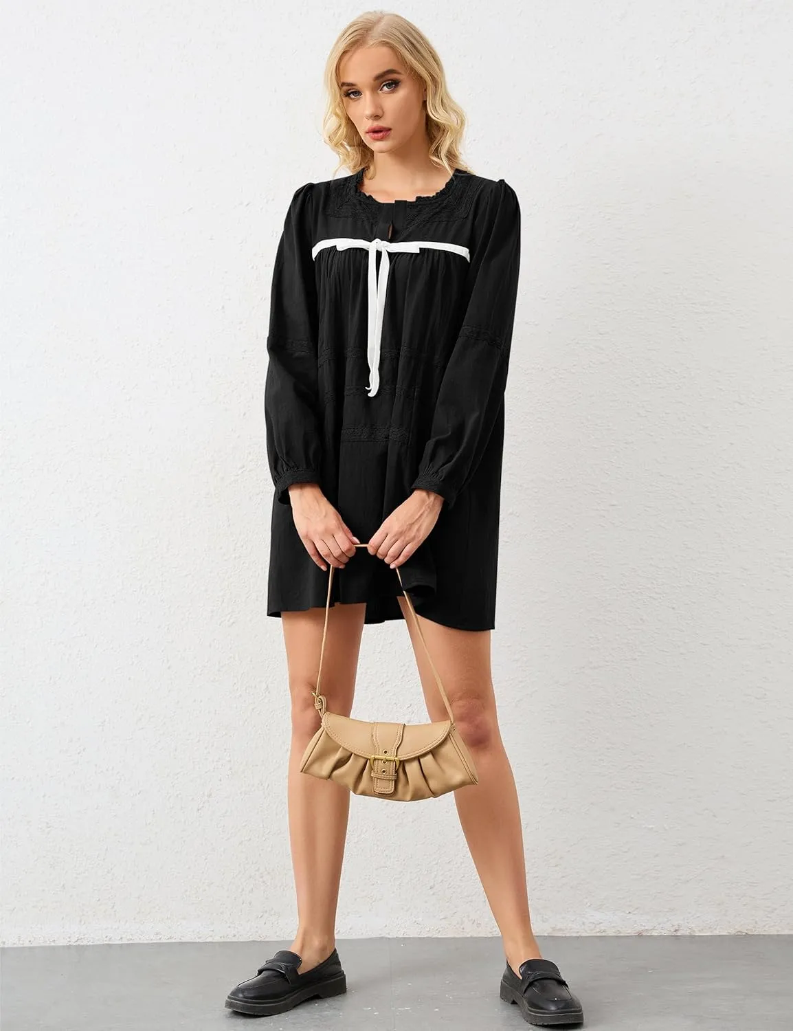 Women Flowy Long Puff Sleeve Mini Dress Casual Square Neck Lace Embroidered Babydoll Dress Bow Tie A-line Tunic Dress