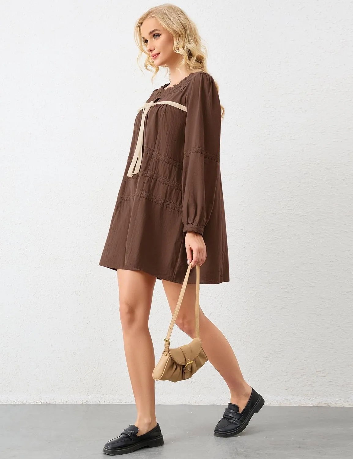 Women Flowy Long Puff Sleeve Mini Dress Casual Square Neck Lace Embroidered Babydoll Dress Bow Tie A-line Tunic Dress