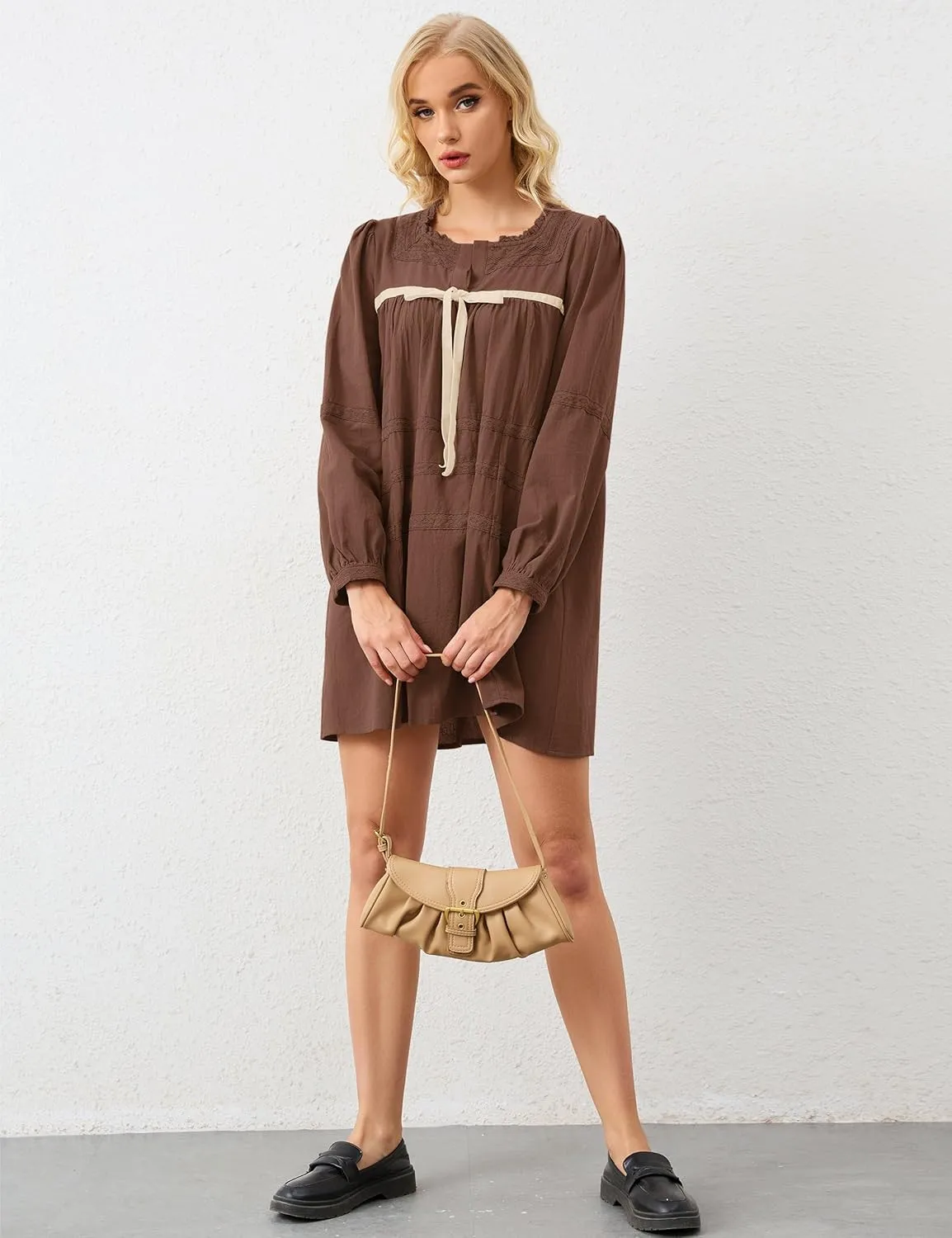 Women Flowy Long Puff Sleeve Mini Dress Casual Square Neck Lace Embroidered Babydoll Dress Bow Tie A-line Tunic Dress