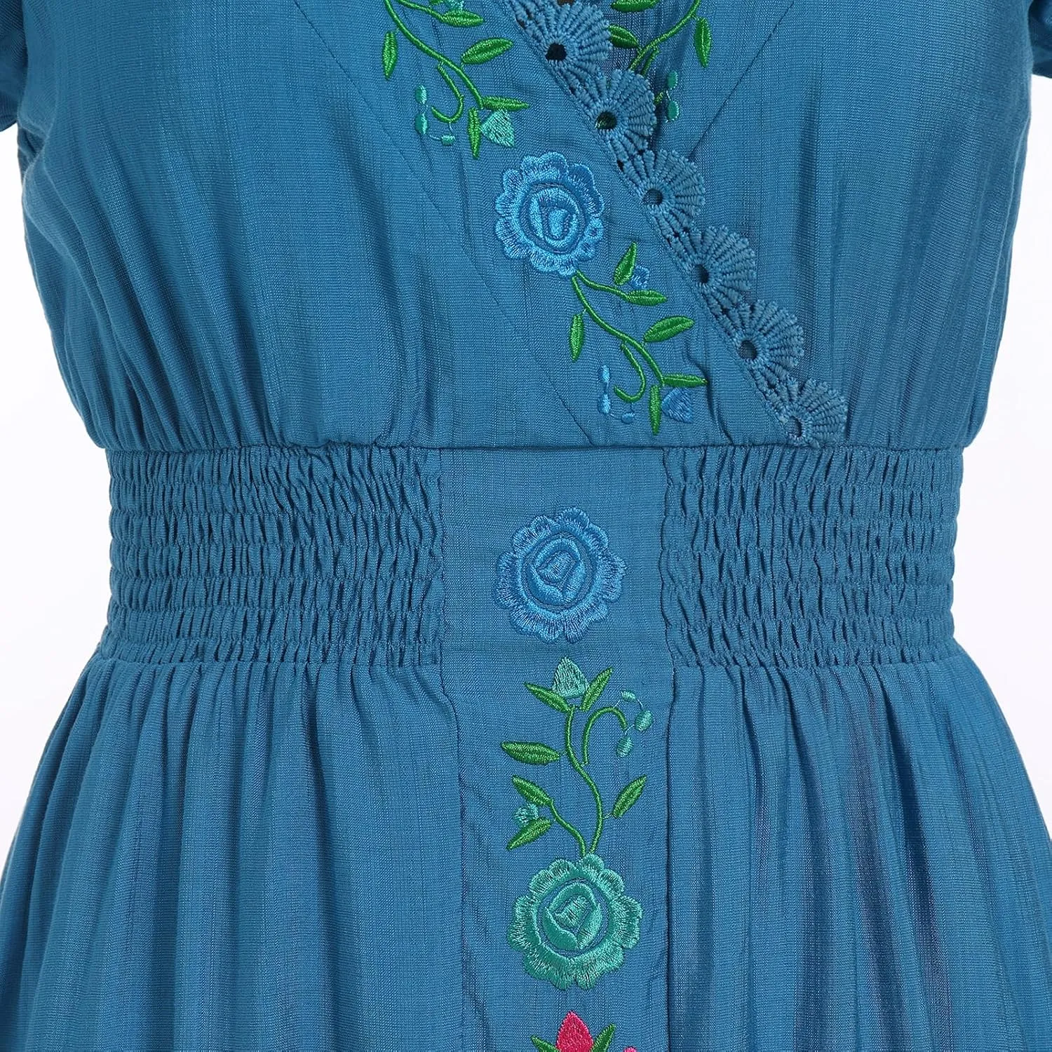 Women Mexican Dress Floral Embroidered Traditional Fiesta Dress Summer V-Neck Short Sleeve Cinco De Mayo Party Dresses