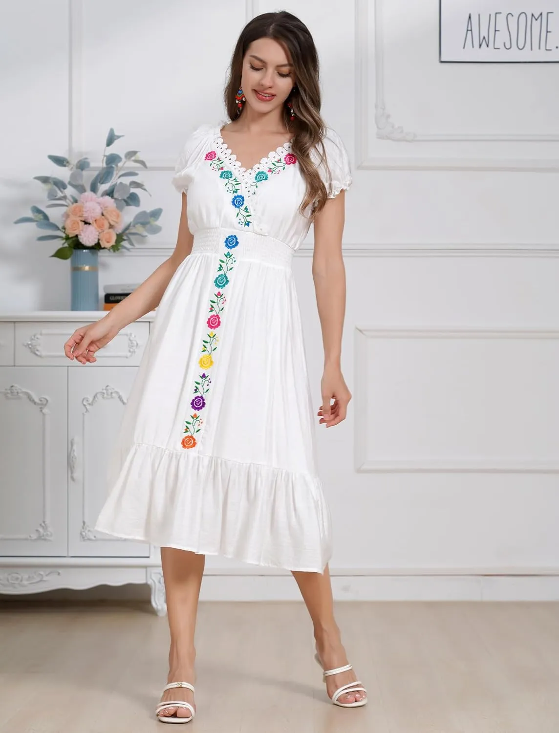 Women Mexican Dress Floral Embroidered Traditional Fiesta Dress Summer V-Neck Short Sleeve Cinco De Mayo Party Dresses
