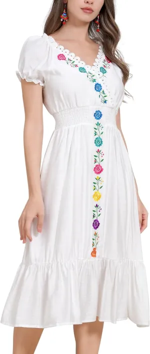 Women Mexican Dress Floral Embroidered Traditional Fiesta Dress Summer V-Neck Short Sleeve Cinco De Mayo Party Dresses