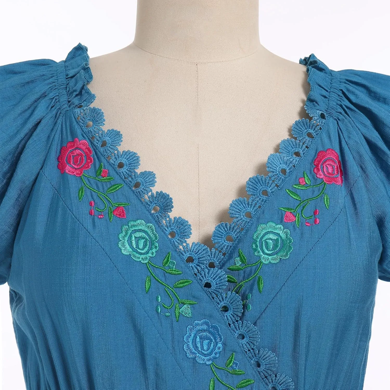 Women Mexican Dress Floral Embroidered Traditional Fiesta Dress Summer V-Neck Short Sleeve Cinco De Mayo Party Dresses