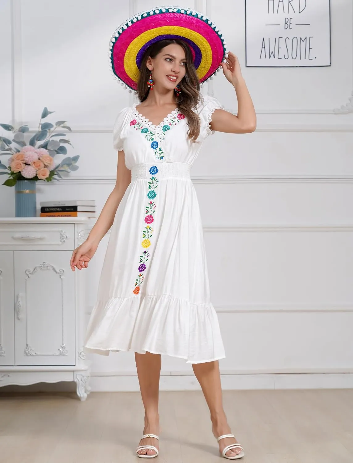 Women Mexican Dress Floral Embroidered Traditional Fiesta Dress Summer V-Neck Short Sleeve Cinco De Mayo Party Dresses