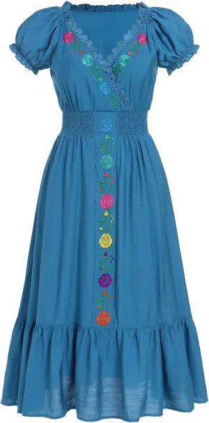 Women Mexican Dress Floral Embroidered Traditional Fiesta Dress Summer V-Neck Short Sleeve Cinco De Mayo Party Dresses