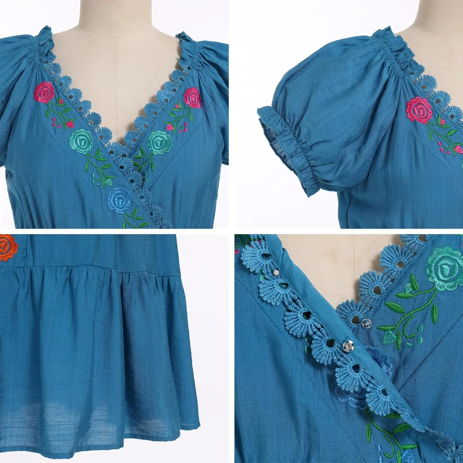 Women Mexican Dress Floral Embroidered Traditional Fiesta Dress Summer V-Neck Short Sleeve Cinco De Mayo Party Dresses
