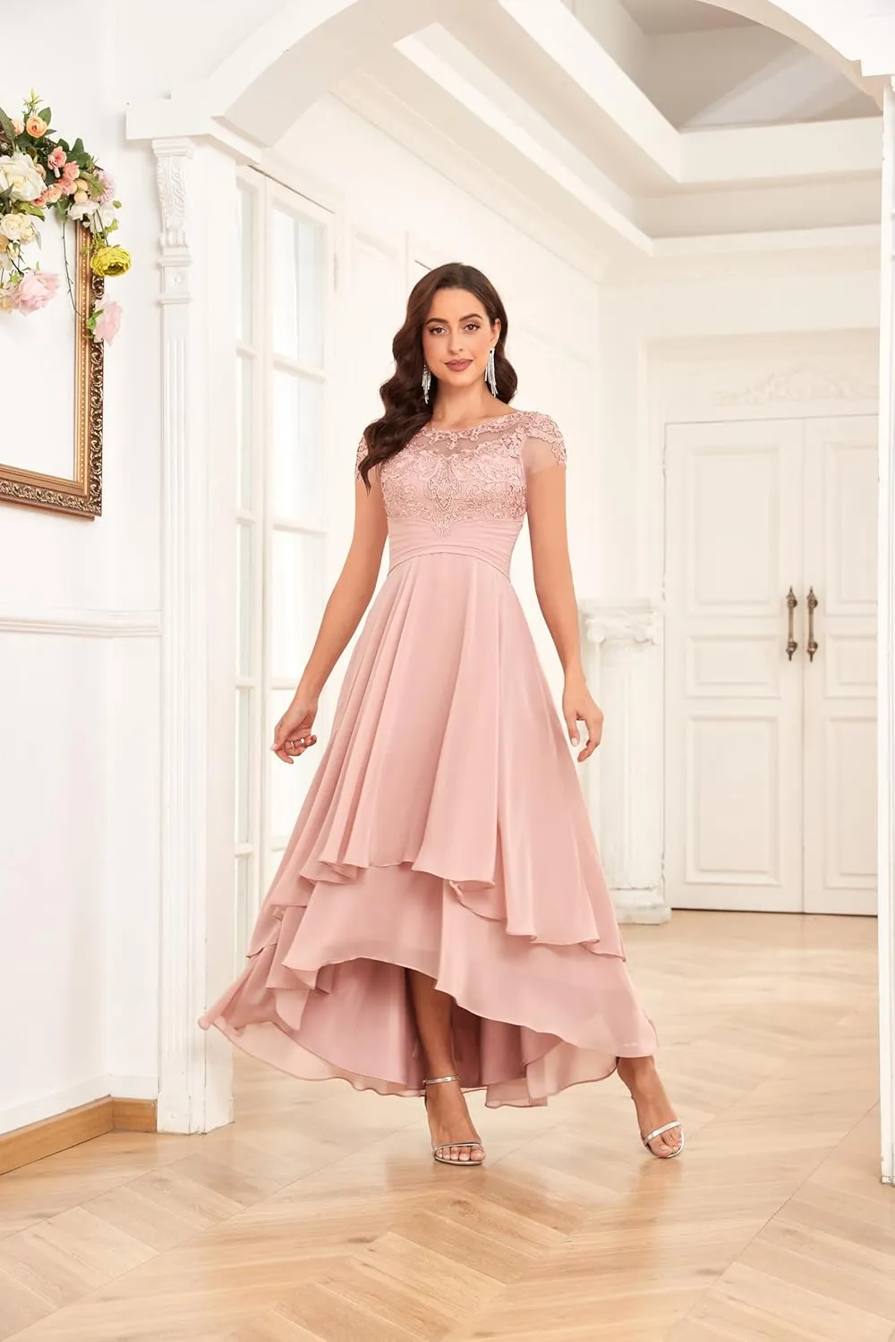 Women 's Tea Length Mother of The Bride Dresses for Wedding A-line Cap Sleeve Lace Chiffon Formal Evening Gown
