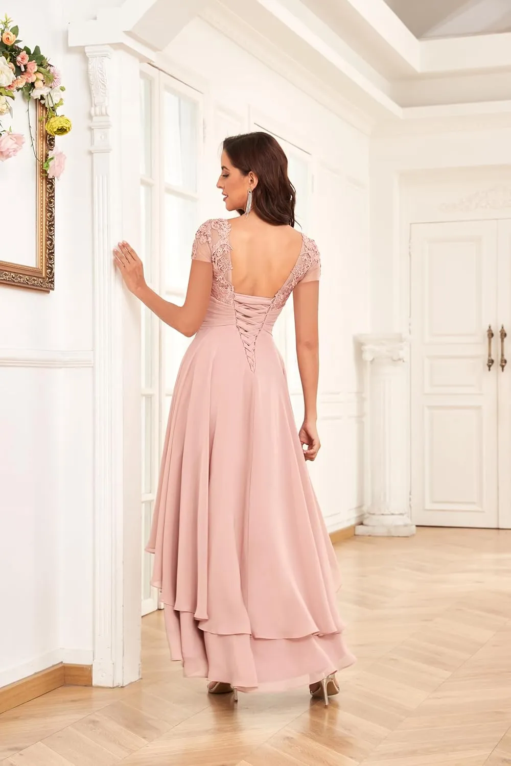 Women 's Tea Length Mother of The Bride Dresses for Wedding A-line Cap Sleeve Lace Chiffon Formal Evening Gown