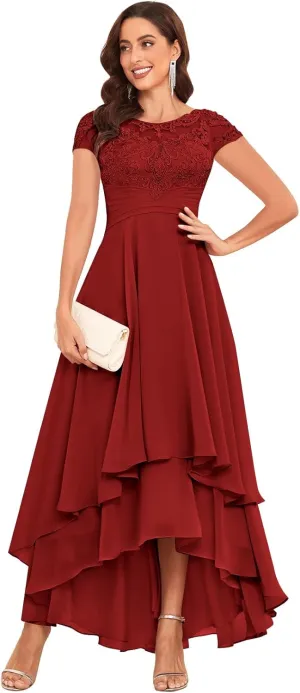 Women 's Tea Length Mother of The Bride Dresses for Wedding A-line Cap Sleeve Lace Chiffon Formal Evening Gown