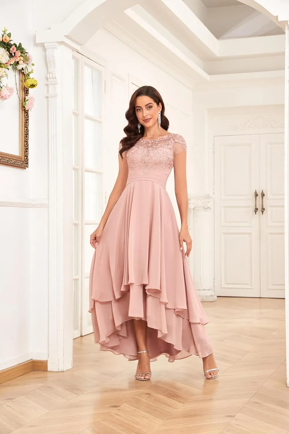 Women 's Tea Length Mother of The Bride Dresses for Wedding A-line Cap Sleeve Lace Chiffon Formal Evening Gown