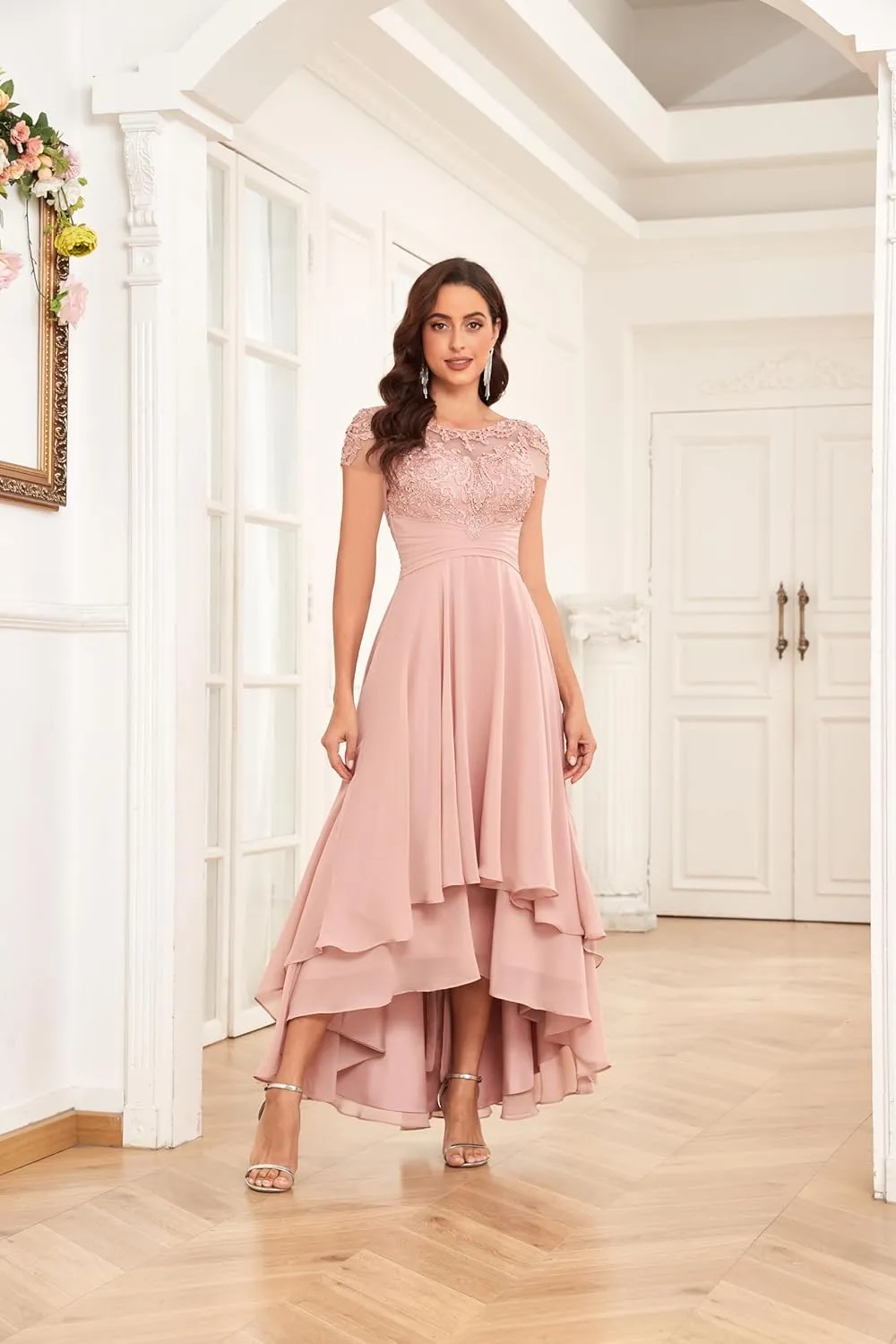 Women 's Tea Length Mother of The Bride Dresses for Wedding A-line Cap Sleeve Lace Chiffon Formal Evening Gown