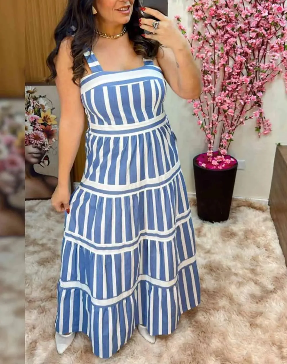 Women Striped Maxi Dress Tie Shoulder Strap Tiered Sundress Boho Flowy Sleeveless Long Dress Summer Beach Dress