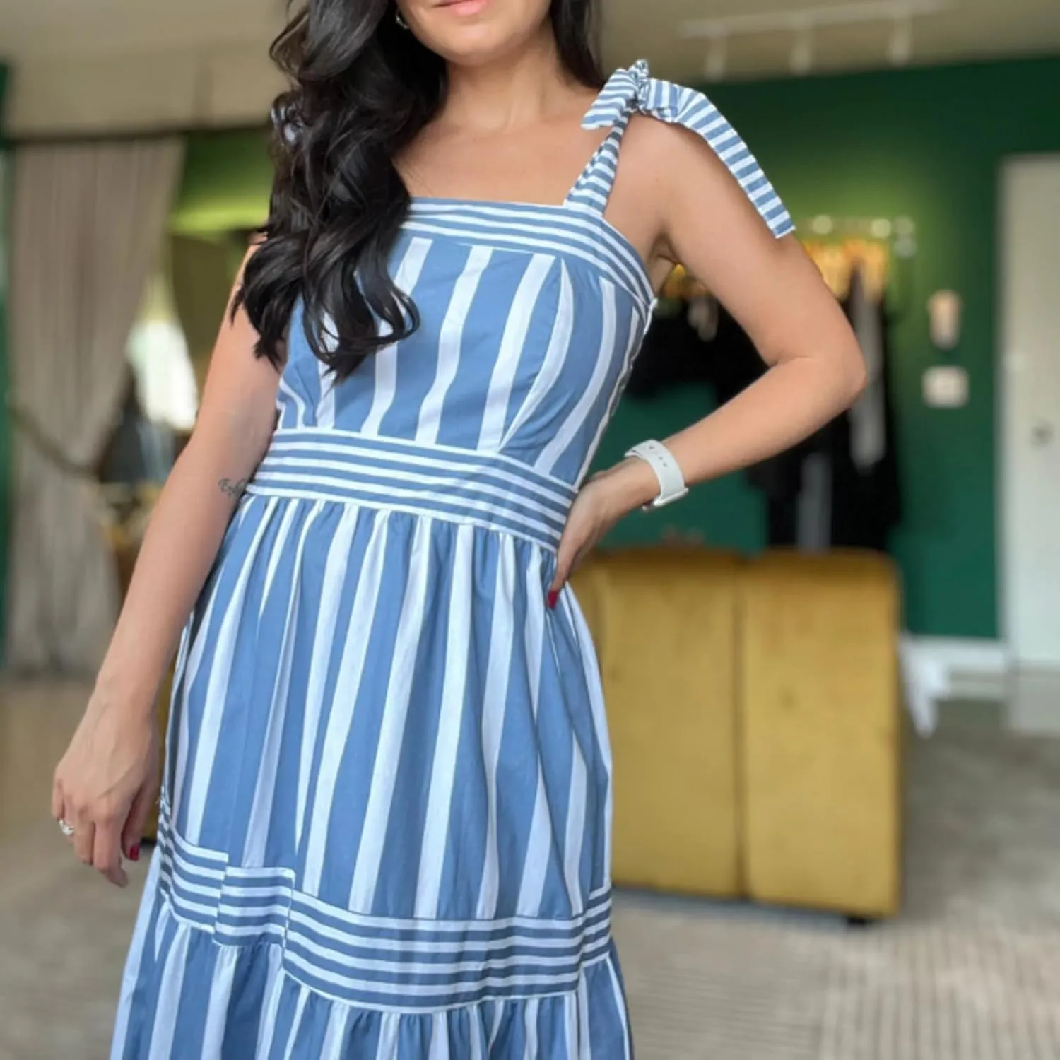 Women Striped Maxi Dress Tie Shoulder Strap Tiered Sundress Boho Flowy Sleeveless Long Dress Summer Beach Dress