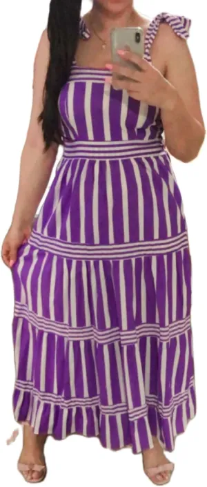 Women Striped Maxi Dress Tie Shoulder Strap Tiered Sundress Boho Flowy Sleeveless Long Dress Summer Beach Dress