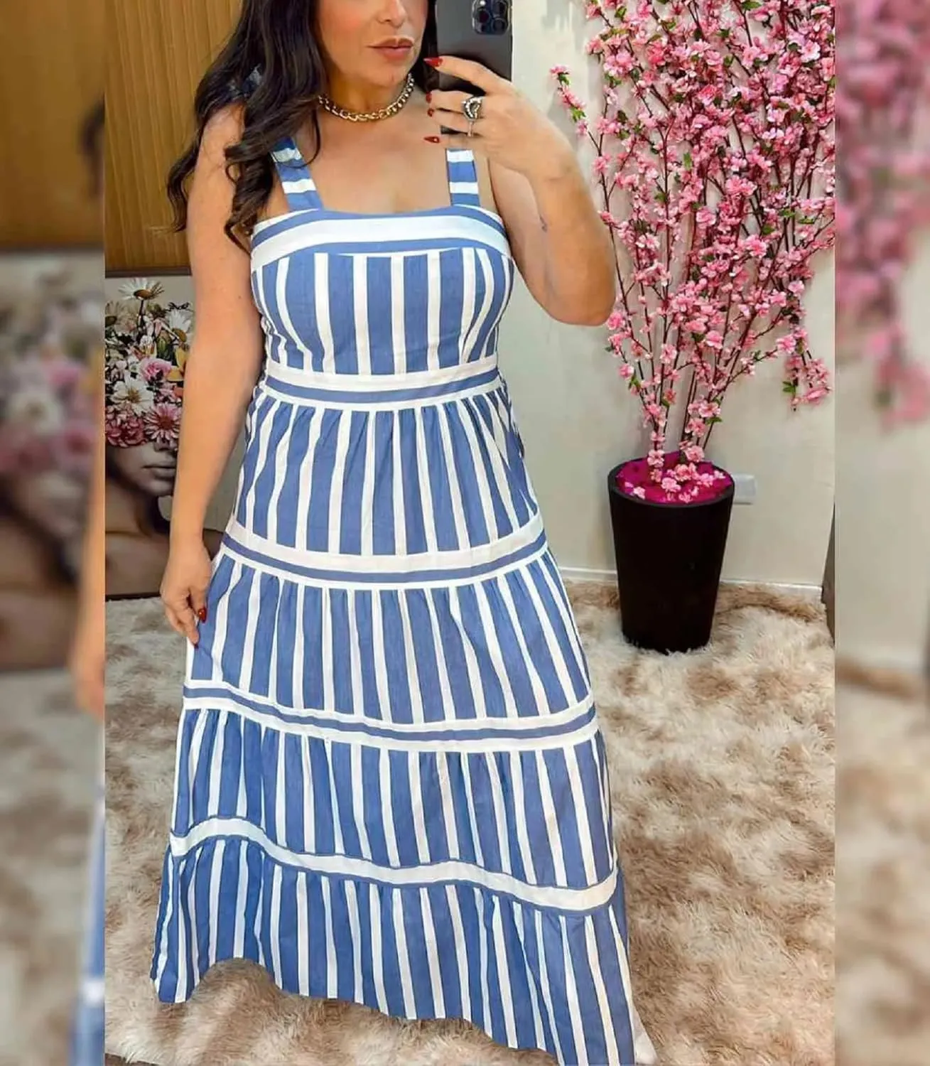 Women Striped Maxi Dress Tie Shoulder Strap Tiered Sundress Boho Flowy Sleeveless Long Dress Summer Beach Dress