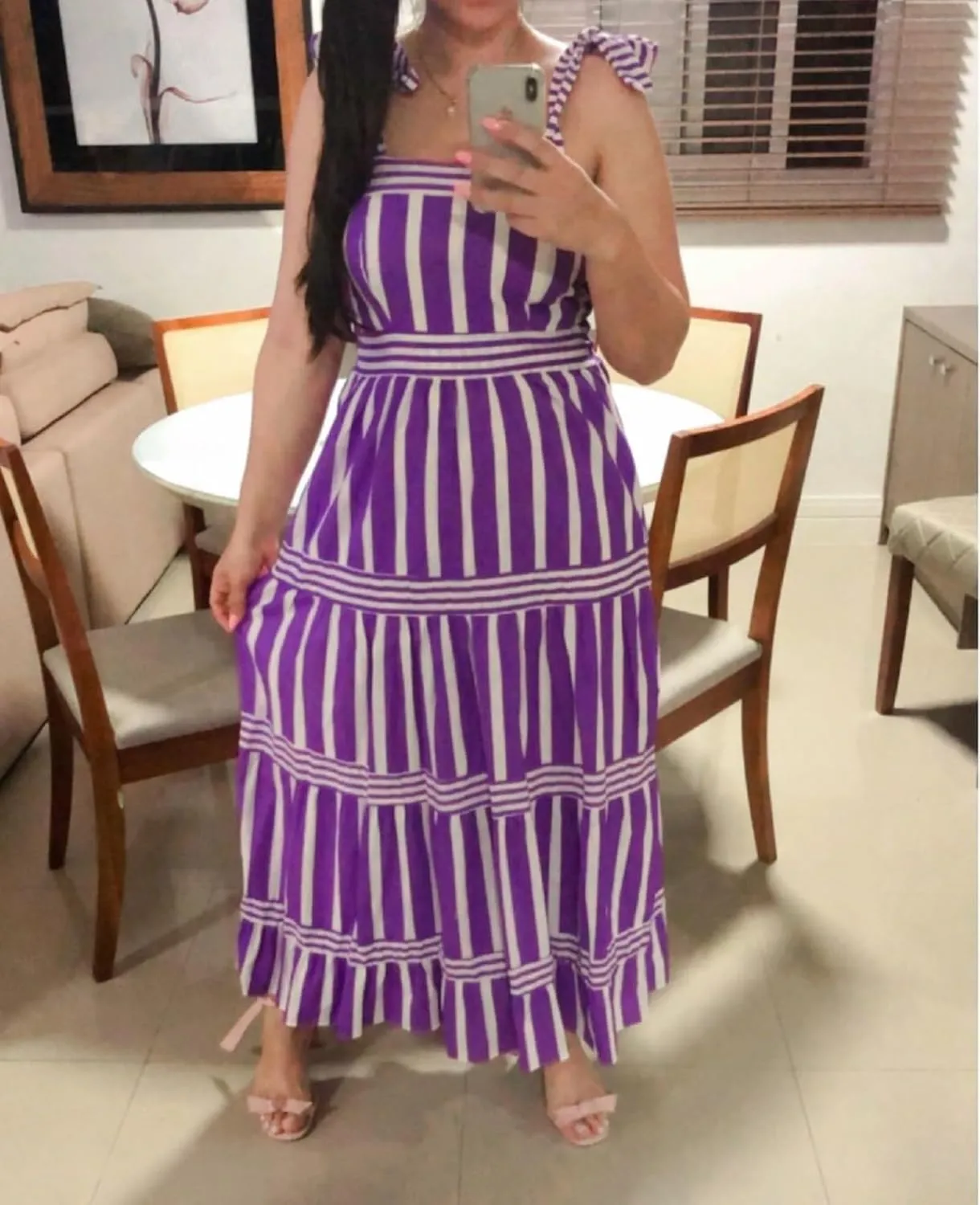 Women Striped Maxi Dress Tie Shoulder Strap Tiered Sundress Boho Flowy Sleeveless Long Dress Summer Beach Dress