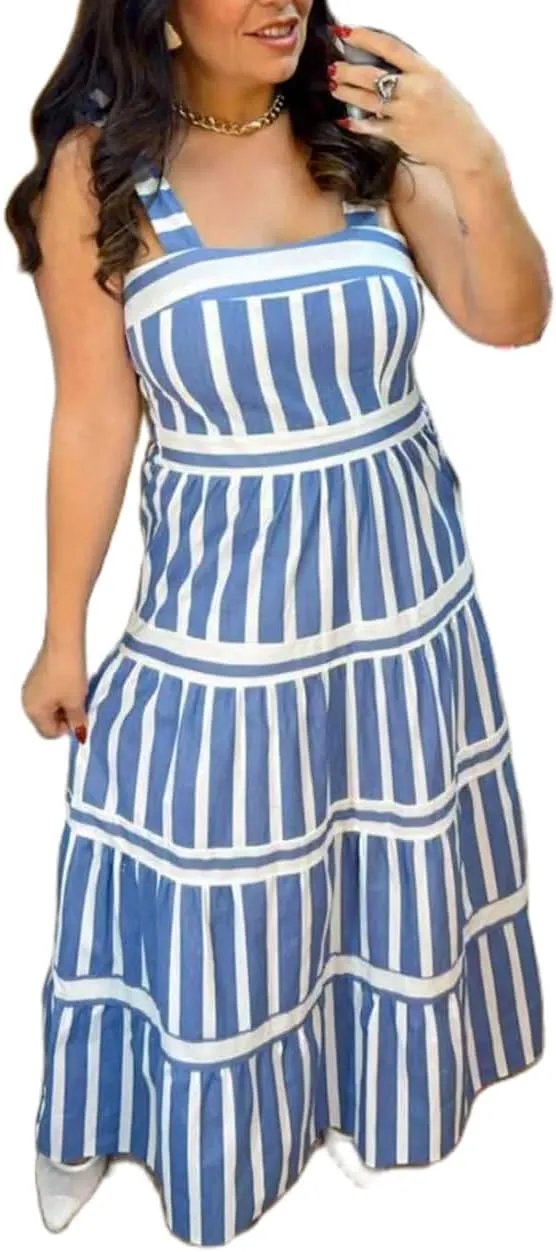 Women Striped Maxi Dress Tie Shoulder Strap Tiered Sundress Boho Flowy Sleeveless Long Dress Summer Beach Dress