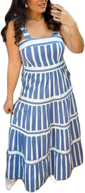 Women Striped Maxi Dress Tie Shoulder Strap Tiered Sundress Boho Flowy Sleeveless Long Dress Summer Beach Dress