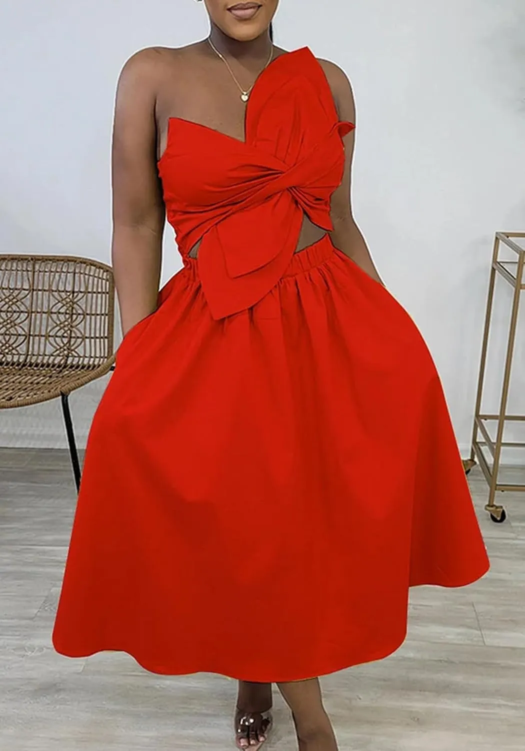 Women Summer Spaghetti Strap Dresses Sleeveless One Shoulder Twist Cut Out a Line Flowy Dress Casual Maxi Dress