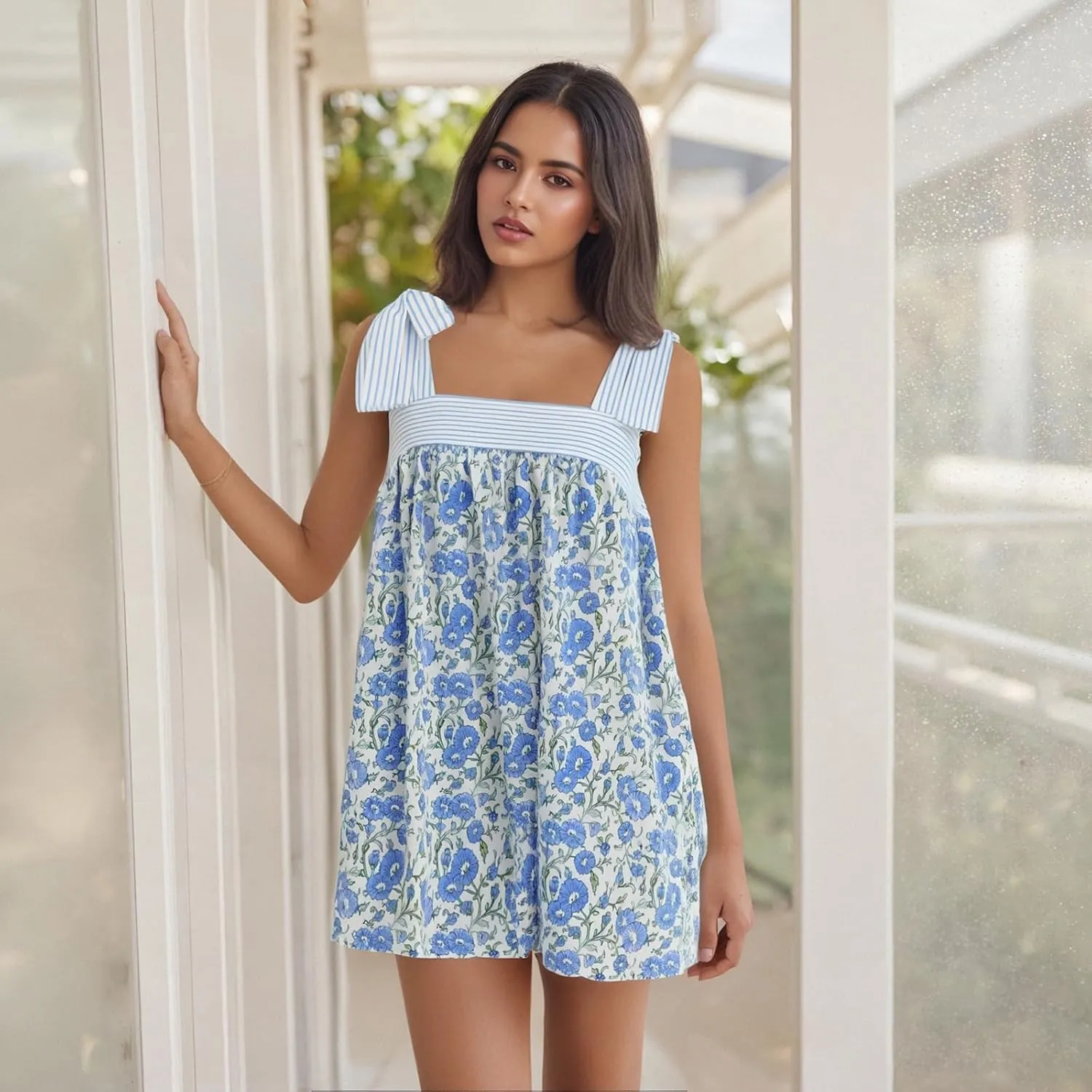 Women Summer Tie Strap Sleeveless Beach Mini Dress Square Neck Smocked Sleeveless Swing Elegant Cute Short Dresses