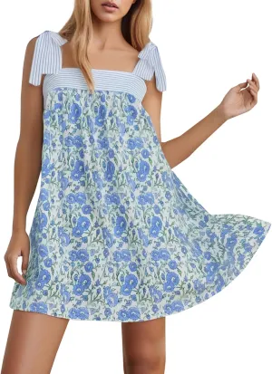 Women Summer Tie Strap Sleeveless Beach Mini Dress Square Neck Smocked Sleeveless Swing Elegant Cute Short Dresses