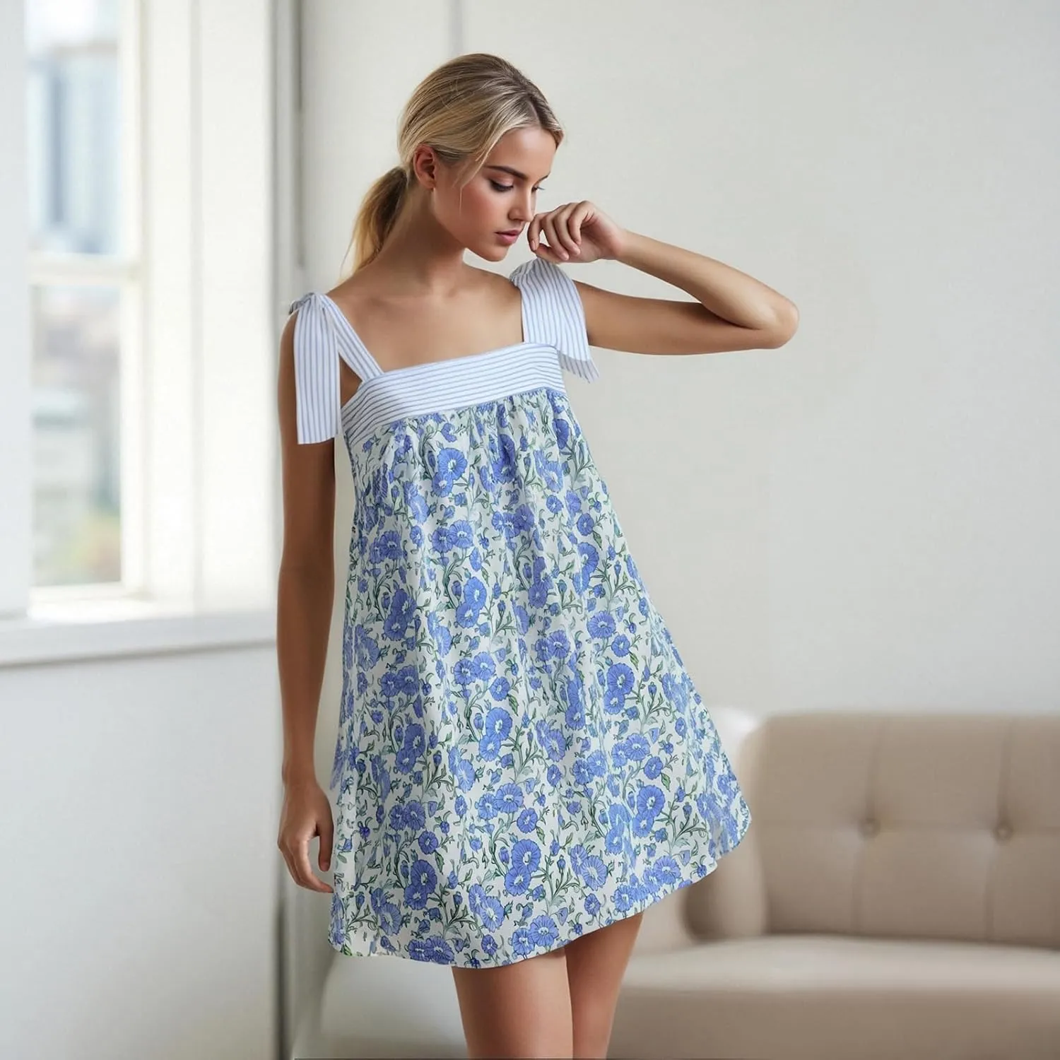 Women Summer Tie Strap Sleeveless Beach Mini Dress Square Neck Smocked Sleeveless Swing Elegant Cute Short Dresses