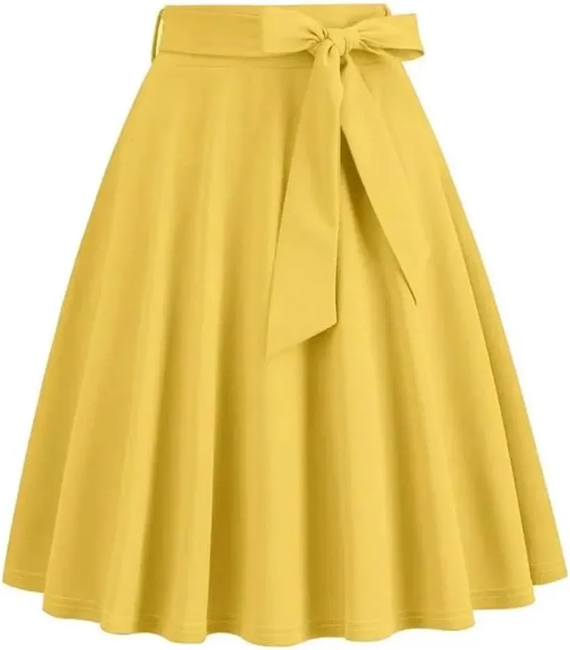 Women Vintage Midi Long Skirt Solid High Waist A Line Skater 50S Swing Skirts Ladies Workwear