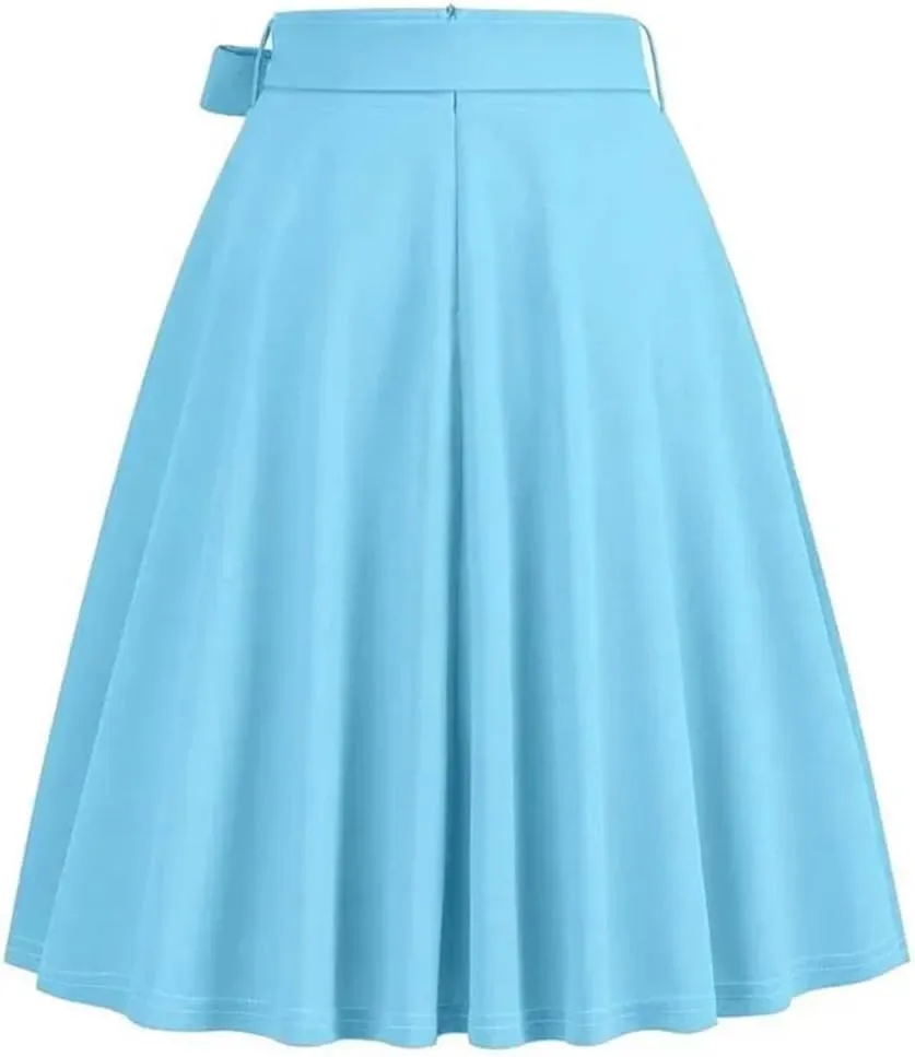 Women Vintage Midi Long Skirt Solid High Waist A Line Skater 50S Swing Skirts Ladies Workwear