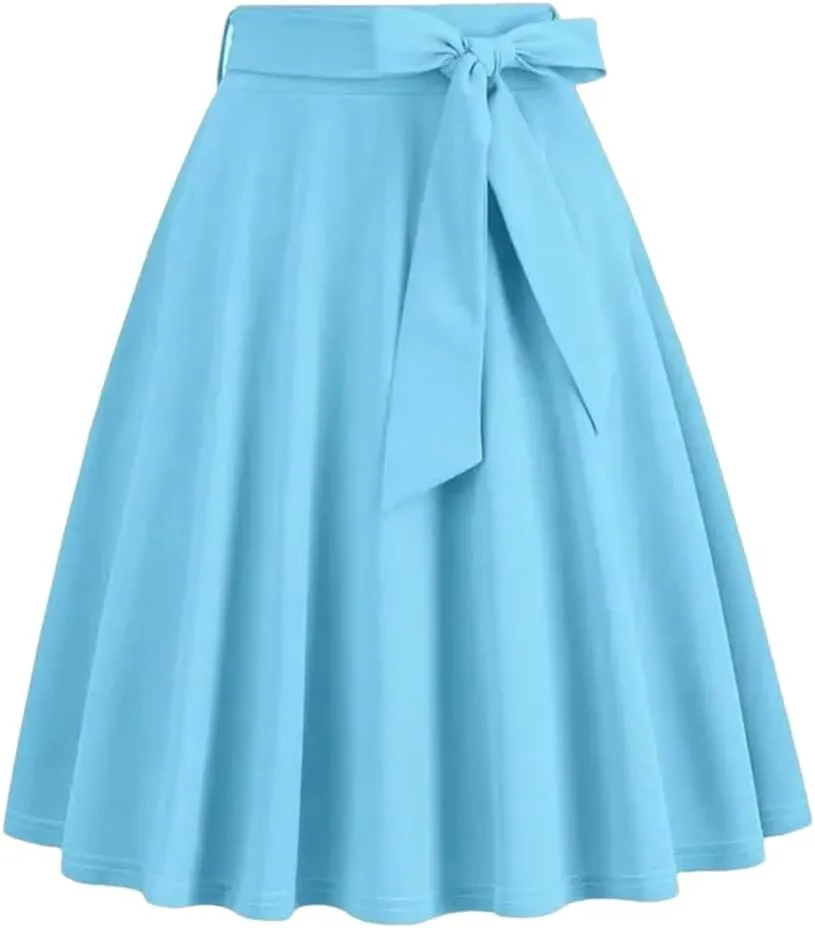 Women Vintage Midi Long Skirt Solid High Waist A Line Skater 50S Swing Skirts Ladies Workwear
