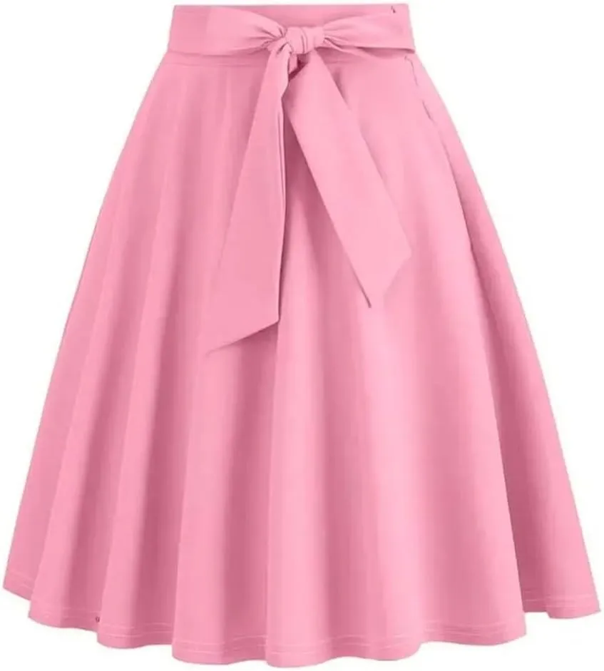 Women Vintage Midi Long Skirt Solid High Waist A Line Skater 50S Swing Skirts Ladies Workwear