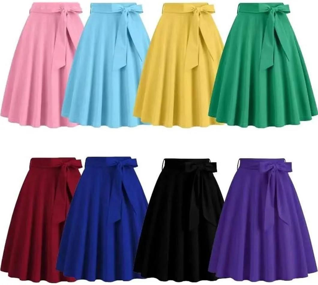 Women Vintage Midi Long Skirt Solid High Waist A Line Skater 50S Swing Skirts Ladies Workwear