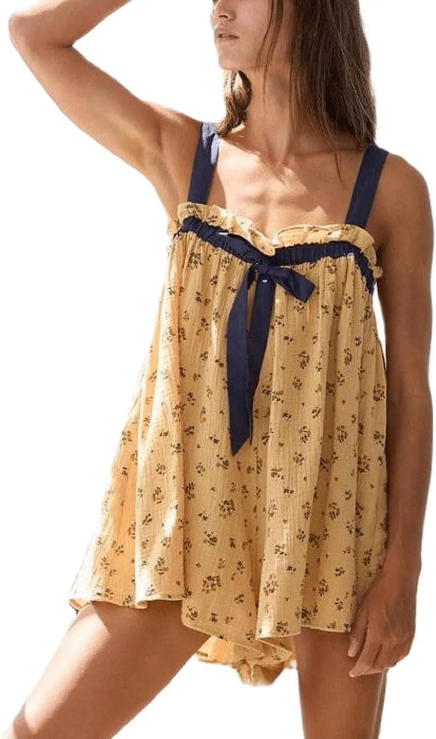 Women Y2K Tie Shoulder Mini Dress Bow Babydoll Ruffle Short Dress Summer Boho Floral Flowy Beach Sundress