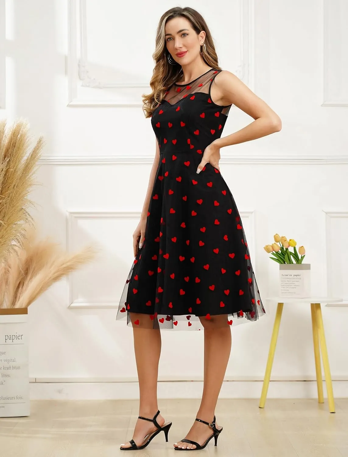 Women's 1950s Floral Embroidery Tulle Dress for Women Heart Print Dress Wedding Guest Formal Evening Party Gown